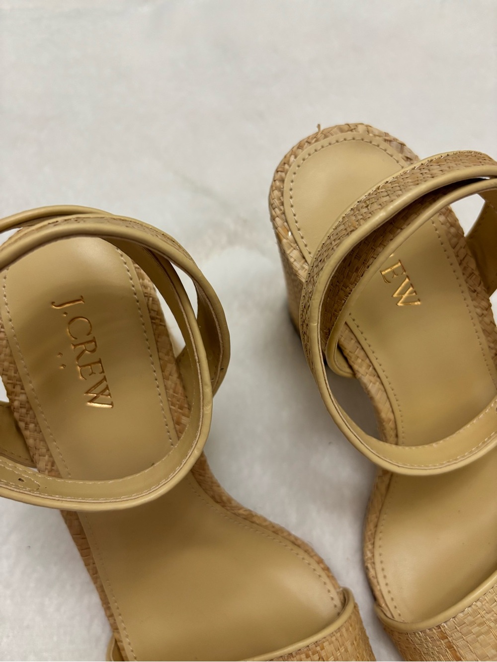 NWOT J Crew Factory Woven Block Heel Neutral Beige Raffia Ankle Strap Sandals - Picture 3 of 9